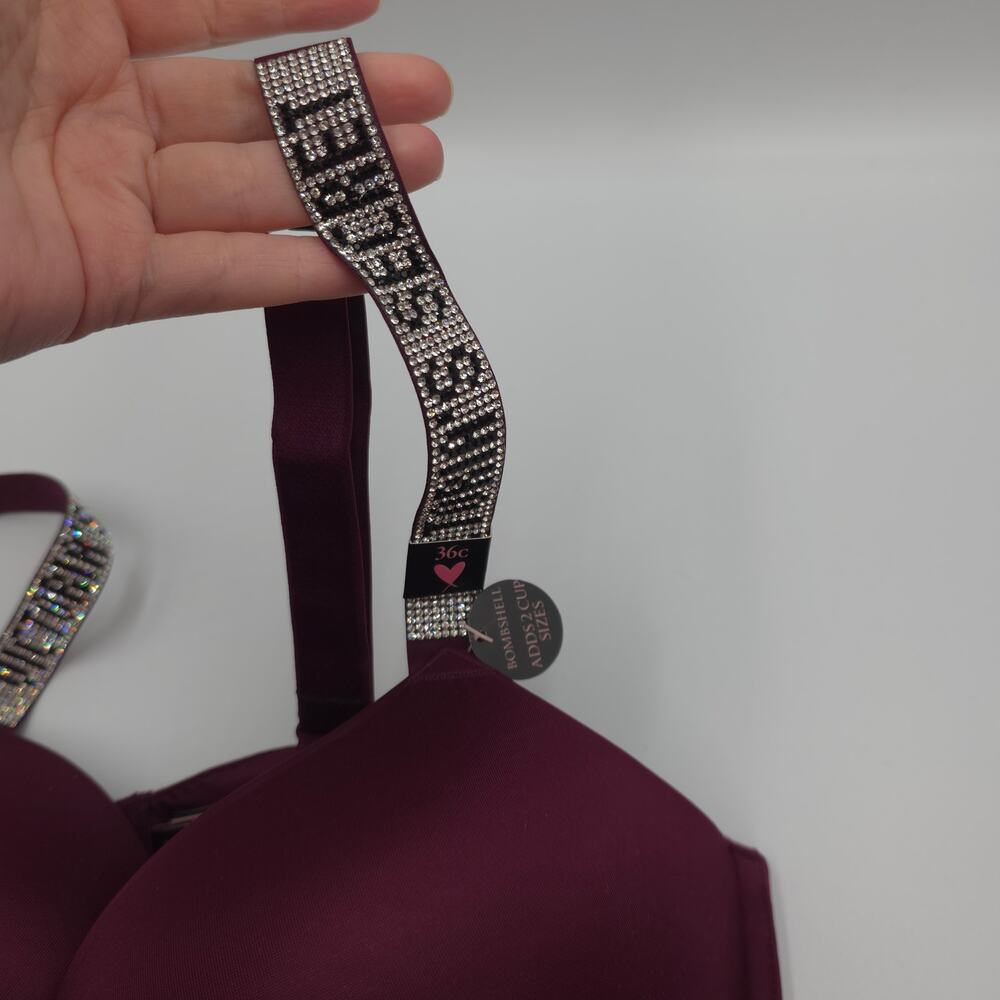 Victoria's Secret Bombshell Logo Shine Strap Add-2-Cups Push-Up Bra in Wine 36C - Picture 3 of 9